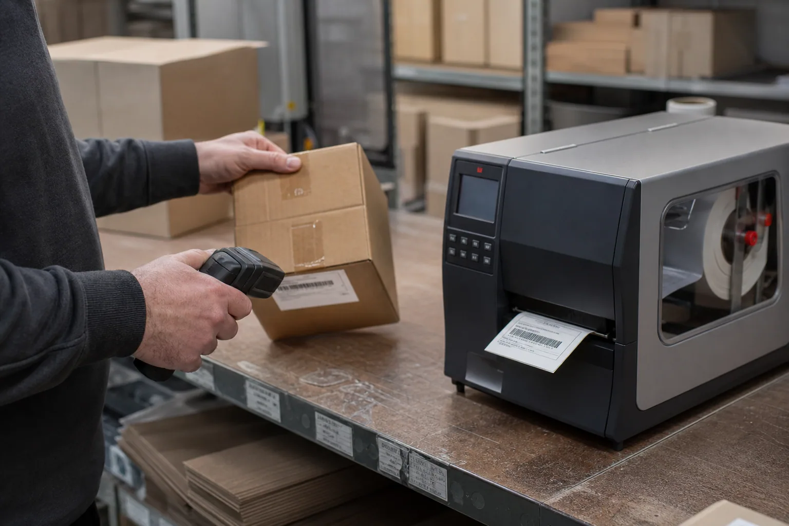 Robuster Barcodescanner und Etikettendrucker an einem Packplatz