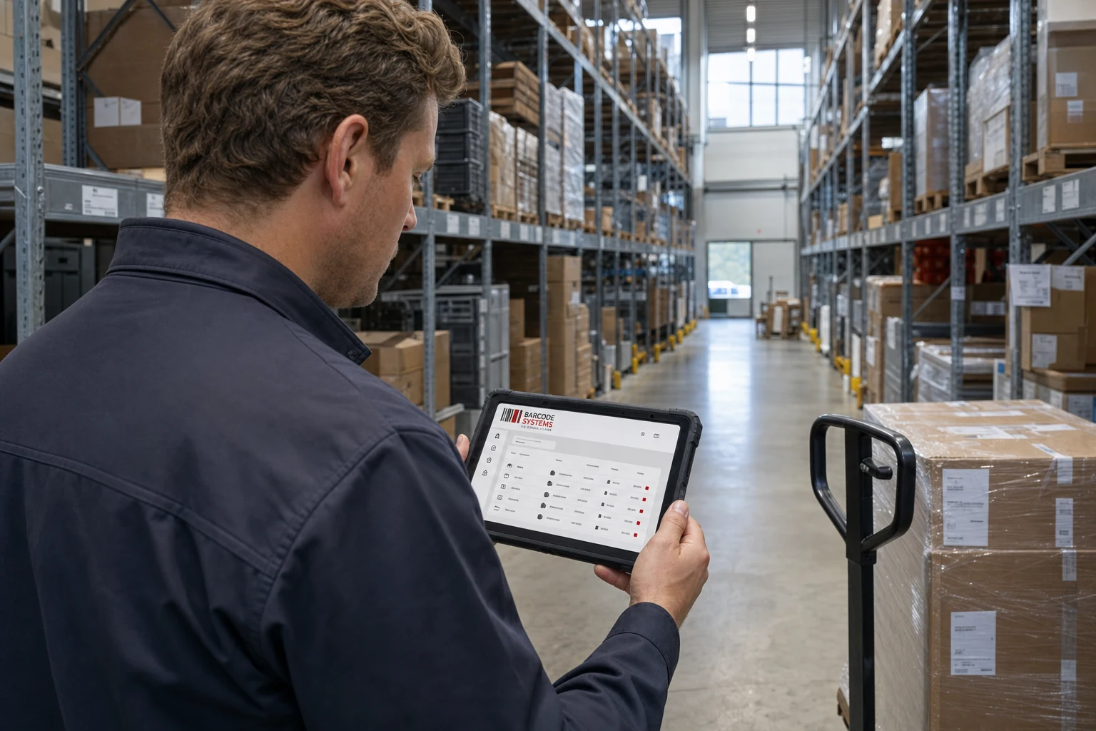 Lagerverantwortlicher prüft Bestandssoftware auf einem Tablet mit Logo der Barcodesystems 26 GmbH
