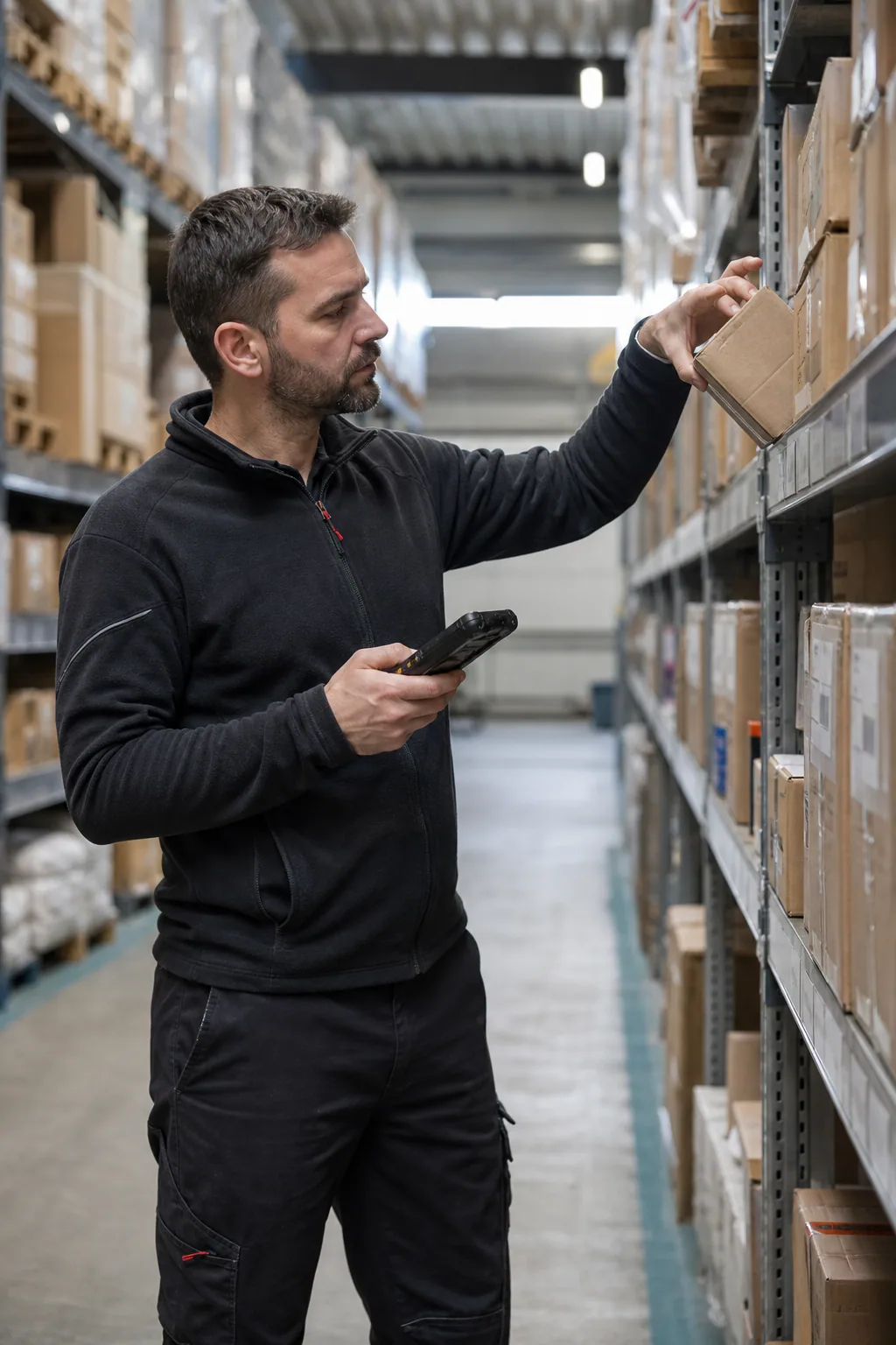 Lagermitarbeiter kommissioniert Ware mit einem mobilen Datenerfassungsgerät