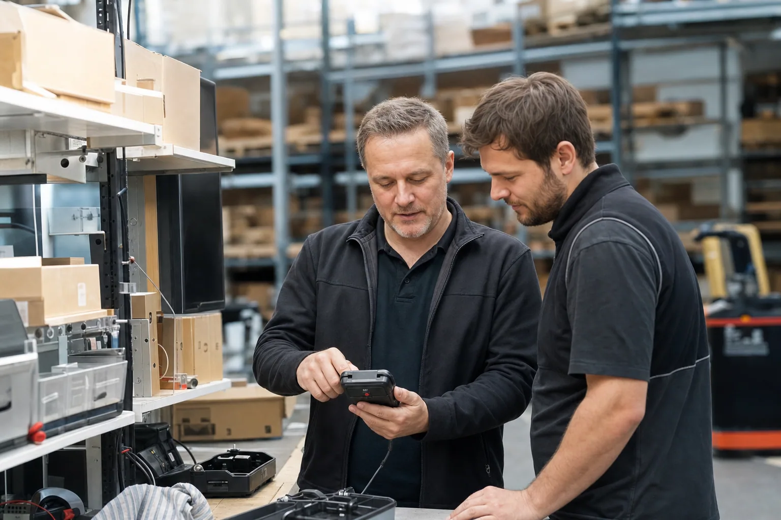 Servicetechniker unterstützt eine Mitarbeiterin bei einem mobilen Gerät