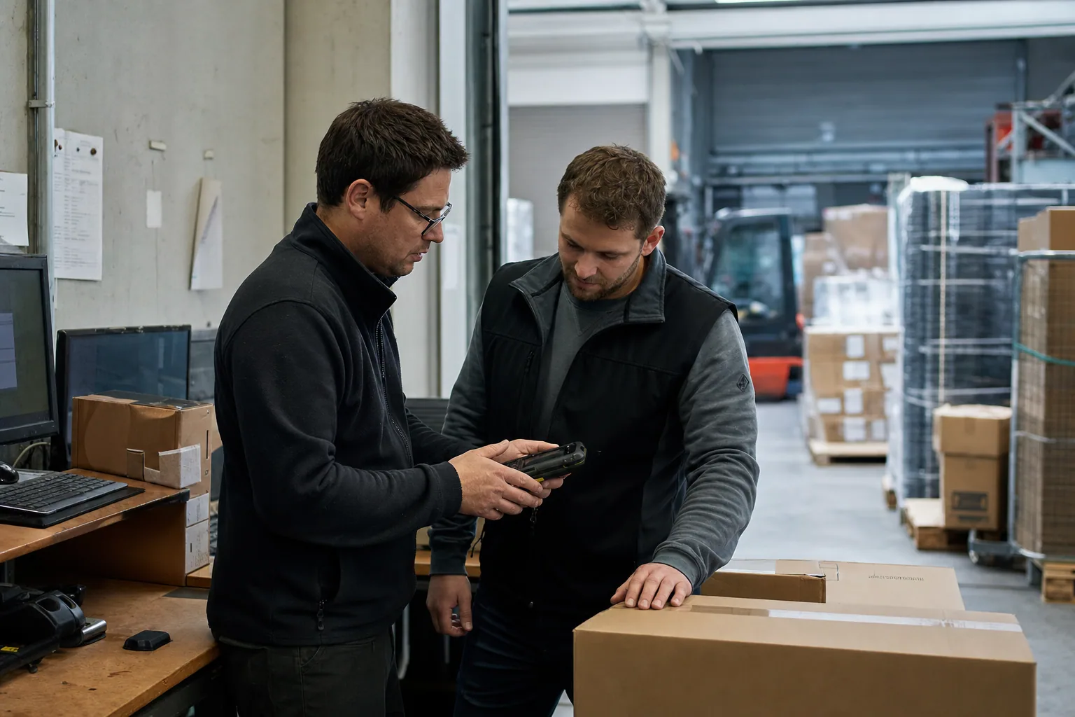 Techniker richtet ein mobiles Erfassungssystem im Lager ein