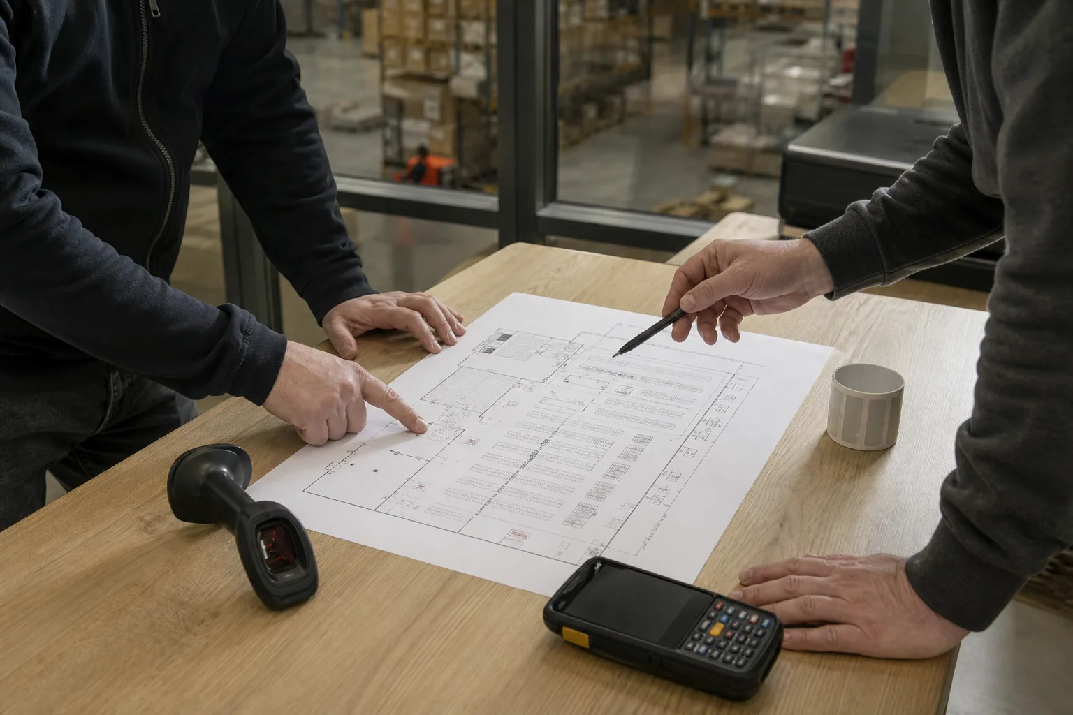 Projektteam plant Geräte und Abläufe für ein Lagersystem