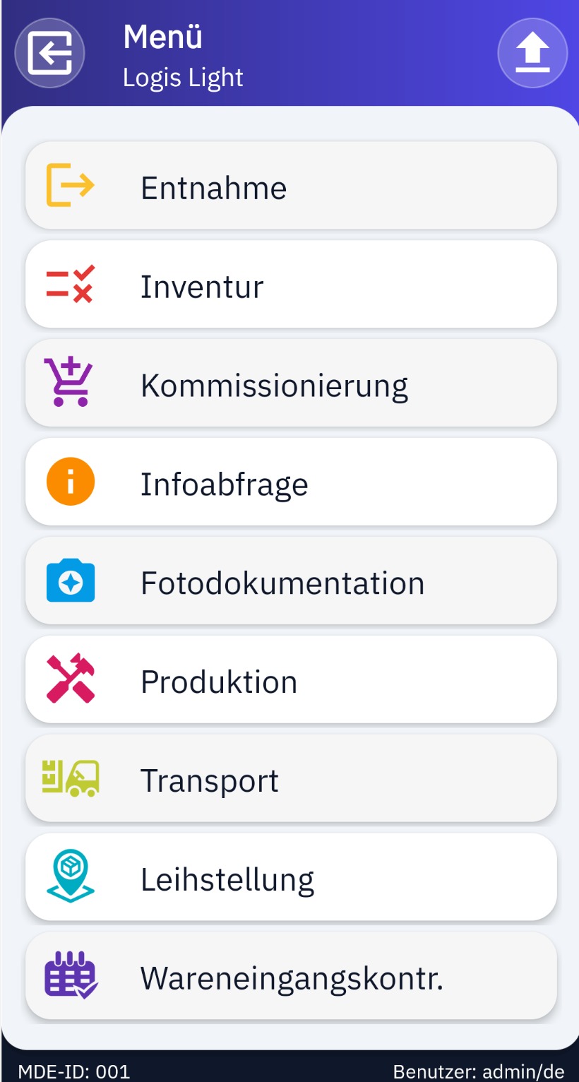 LOGIS Light am MDE-Gerät: Modulübersicht mit Entnahme, Inventur, Kommissionierung, Infoabfrage, Fotodokumentation, Produktion, Transport, Leihstellung und Wareneingangskontrolle