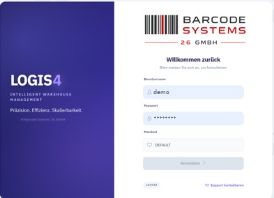 Anmeldemaske von LOGIS 4 mit dem Logo der Barcodesystems 26 GmbH, Feldern für Benutzername, Passwort und Mandant